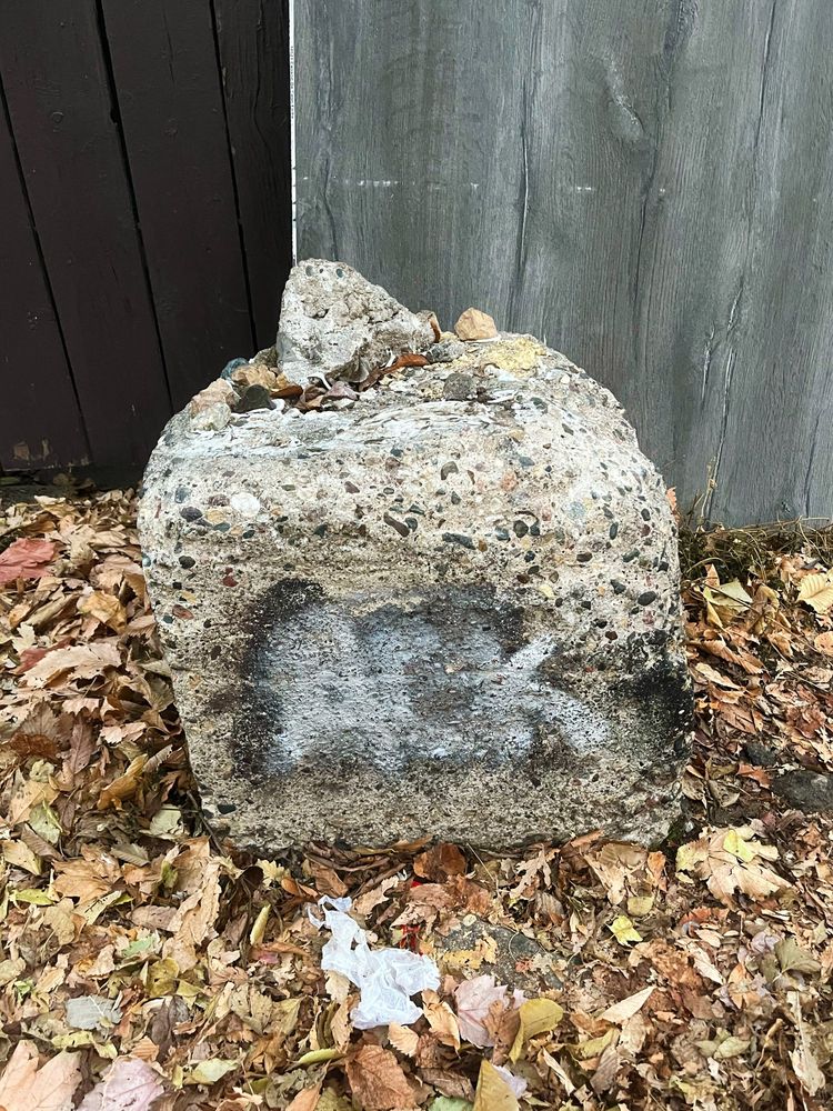 concrete chunk surrounded with leaves, “ACK” spray painted on it