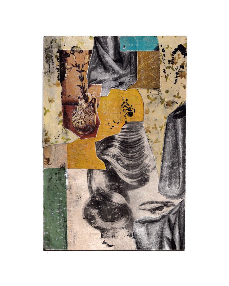 semi-abstract paper collage with lots of texture and a muted warm color palette 