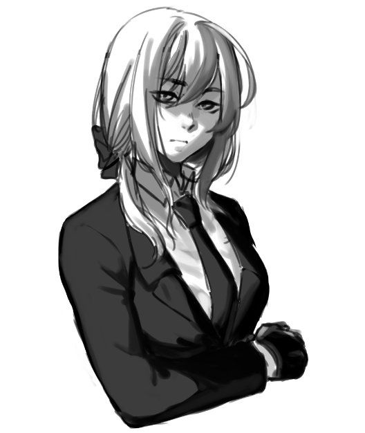 Fanmade Vocaloid synthesizer named Yowane Haku facing the right slightly as she looks at the viewer. She is wearing a black tuxedo.