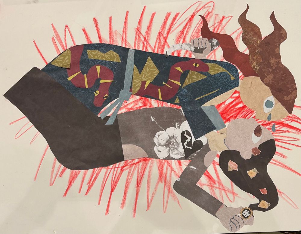 Paper cutout piece of Agatha choking Rio while Rio holds the brooch with Nicky’s hair