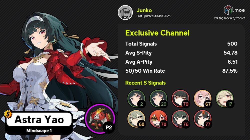 Screenshot of Zenless Zone Zero pity for limited S-rank Agents. Astra was pulled at 29 pity and M1 at 2 pity