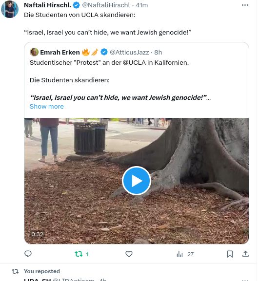 Screenshot aus Twitter / X: Studentischer "Protest" an der 
@UCLA  in Kalifornien mit Video-Snippet.

Die Studenten skandieren:

“Israel, Israel you can’t hide, we want Jewish genocide!”

(Israel, Israel, du kannst dich nicht verstecken, wir verlangen einen #Völkermord an den Juden)

Dass Studenten in den Vereinigten Staaten in den Zwanziger Jahren des 21. Jahrhunderts zu einem zweiten #Holocaust aufrufen würden, hätte ich nicht für möglich gehalten.