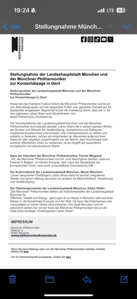 Text of Münchner Philharmoniker re cancellation of participation at Ghent event because conductor Shani is a Jew with professional ties with Israel.