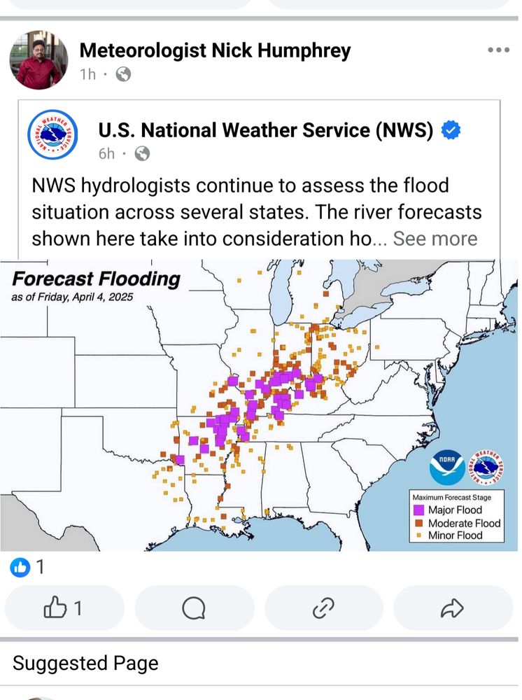 Screenshot from Facebook, a repost from U.S National Weather Service showing a map of eastern us with major and moderate floods marked in colour. The markings travel south east from the great lakes.