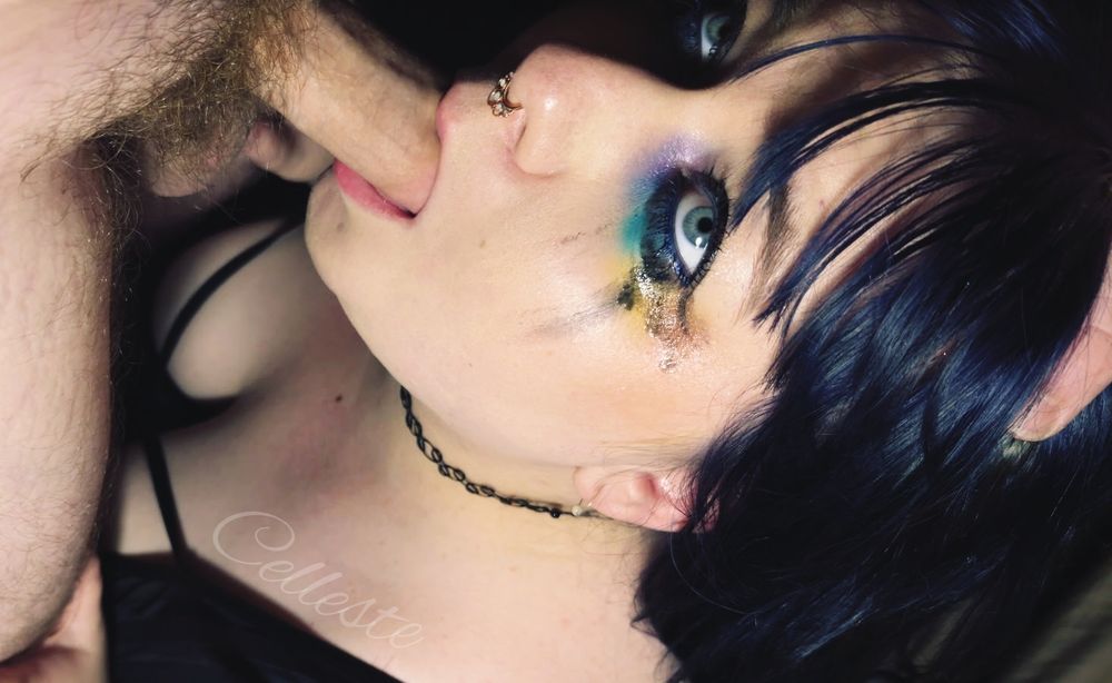 Celleste looks up at Valkyrie-Kane with sexy running makeup as Valkyrie-Kane fucks Celleste's face with their thick veiny cock