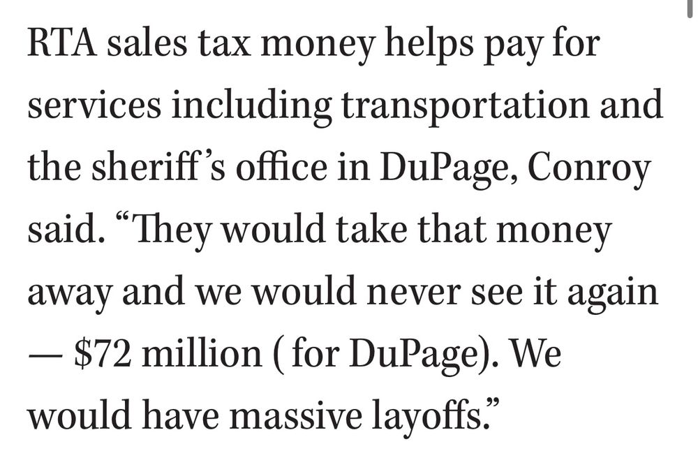 DuPage County Chair Deb Conroy, however, told the Daily Herald she felt
"blindsided.""
"They're basically stealing $185
million from the Collar Counties to pay for this, she said.