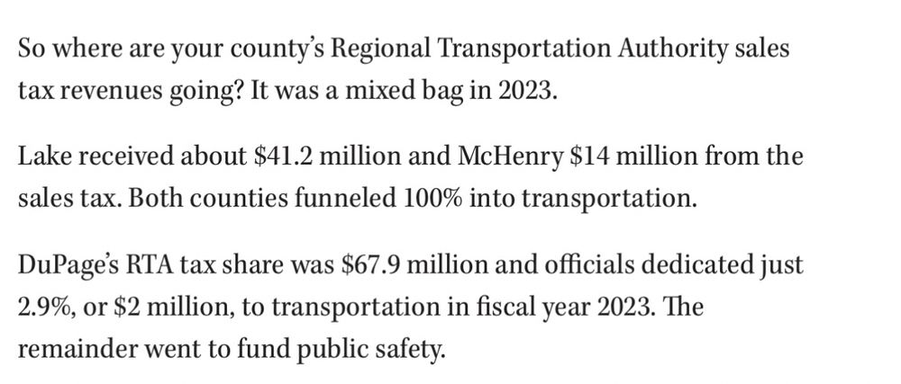 So where are your county's Regional Transportation Authority sales tax revenues going? It was a mixed bag in 2023.
Lake received about $41.2 million and McHenry $14 million from the sales tax. Both counties funneled 100% into transportation.
DuPage's RTA tax share was $67.9 million and officials dedicated just 2.9%, or $2 million, to transportation in fiscal year 2023. The remainder went to fund public safety.