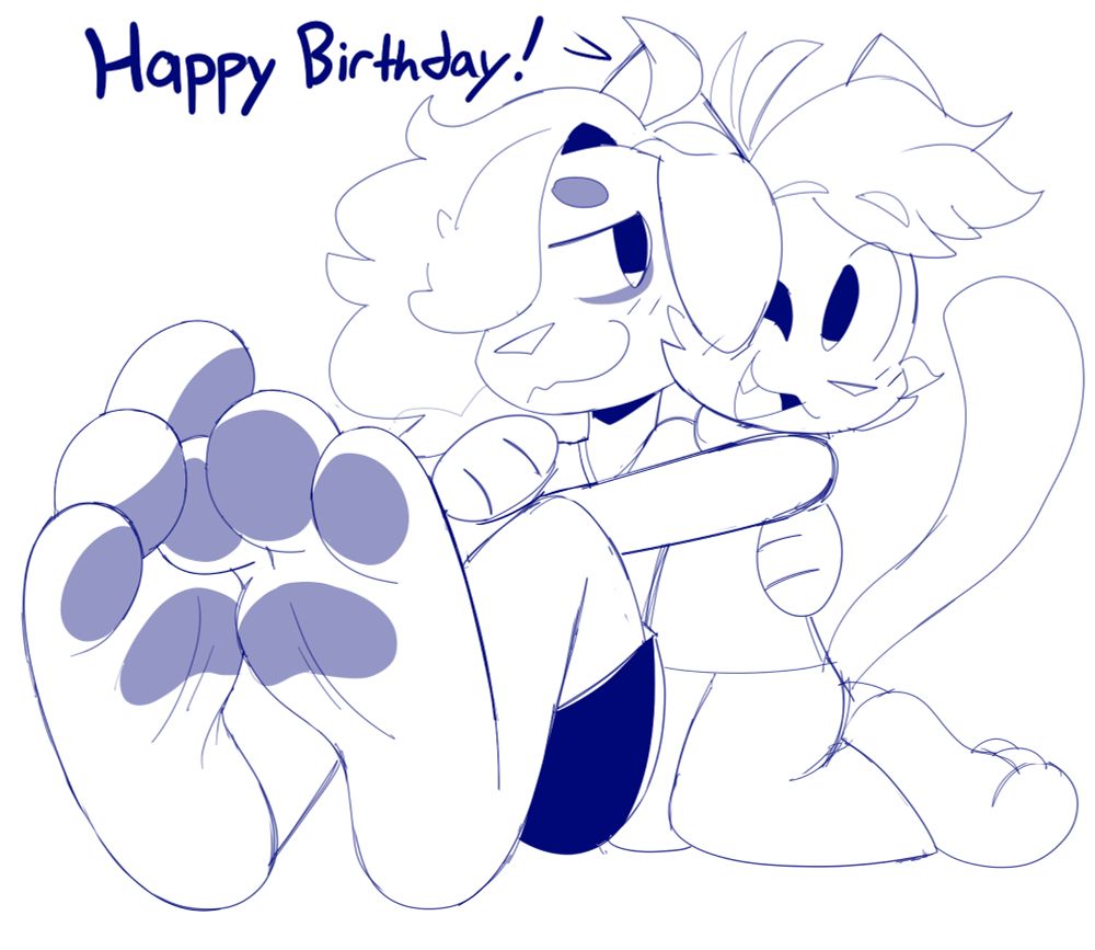 My OC hugging boba from behind while saying "Happy Birthday" as well as Boba showing their cute paws