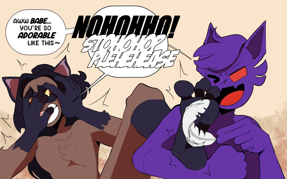 Lumen (The purple Batty boi) holding Noctem's (The hunter anthro) foot while tickling his sole with a feather. Lumen cooing while tickling "Aww babe... you're so ADORABLE like this~" while Noctem hides his face while laughing "NOHOHOHOHO STOHOHOHOP PLEHEHEHEHEASE!!"