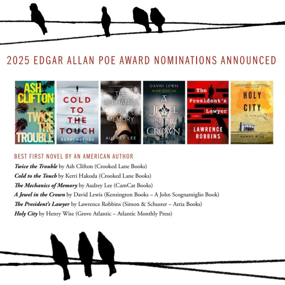 Image of Mystery Writers of America Edgar Award nominees for Best First Novel, including The Mechanics of Memory.
