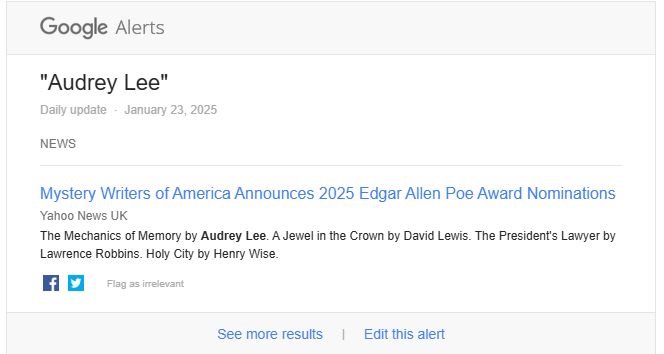 A Google Alert screenshot for Audrey Lee about the Edgar Awards.