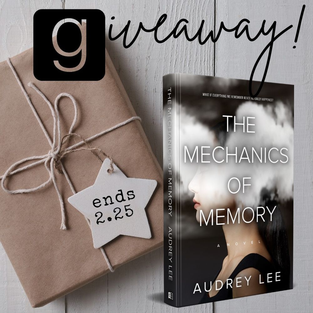Giveaway: Image of The Mechanics of Memory and a wapped gift with a tag that says, "Ends 2.25." 