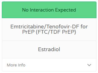 Screenshot of the HIV DDI checker website, showing FTC/TDF for PrEP (Truvada) does not interact with estradiol