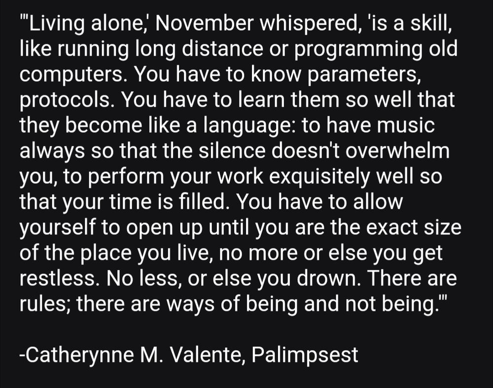 "'Living alone,' November whispered, 'is a skill, like running long distance or programming old computers. You have to know parameters, protocols. You have to learn them so well that they become like a language: to have music always so that the silence doesn't overwhelm you, to perform your work exquisitely well so that your time is filled. You have to allow yourself to open up until you are the exact size of the place you live, no more or else you get restless. No less, or else you drown. There are rules; there are ways of being and not being.'"
-Catherynne M. Valente, Palimpsest