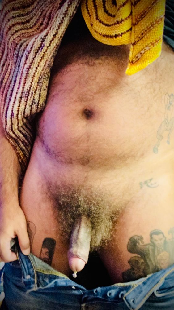 My furry tummy, bush, uncut pierced dick, with my pants around my thighs. 