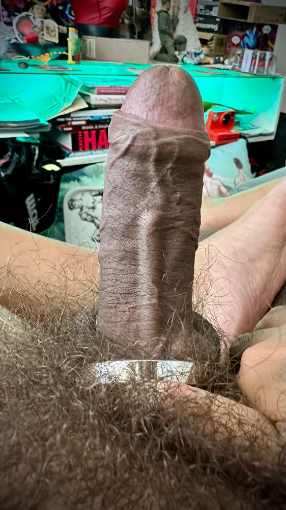 My bushy veiny uncut erect dick wearing a shiny cockring. 