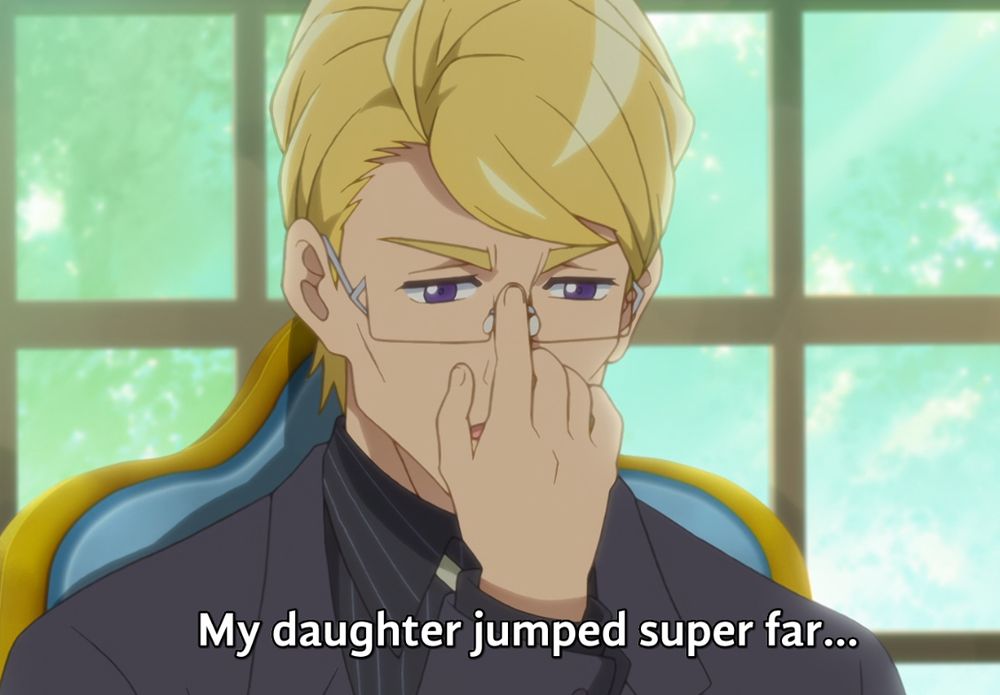 A serious blonde anime man touching his glasses. Subtitles read "My daughter jumped super far..."
