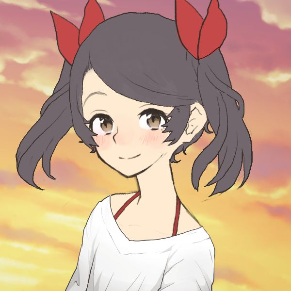 A picrew of a smiling girl with black hair and brown eyes. She has her hair in short twintails with red ribbons tied around. She wears a white shirt with a wide collar that shows her red bra straps. The background is a cloudy orange sunset.