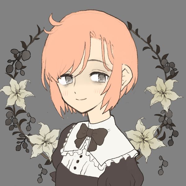A picrew of a girl with short, peach-coloured hair and tired gray eyes with dark circles under them. She is smiling, but clearly exhausted. She wears a black and white frilly top with a black bow. On the gray background is a wreath of white flowers with black leaves and berries.
