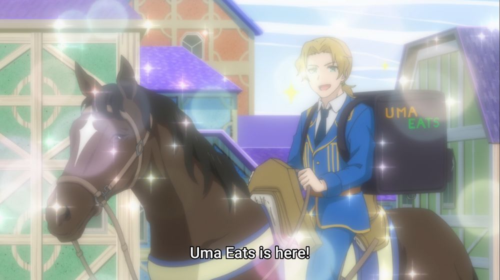 A sparkly anime prince on a horse with a large backpack labeled "UMA EATS". Subtitles read "Uma Eats is here!"