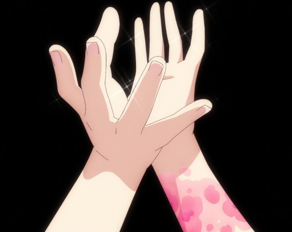 A pair of anime hands reaching skyward. The right arm is covered in pretty pink blotches.