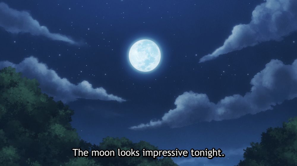 An anime screenshot of a full moon over a forest. Subtitles read "The moon looks impressive tonight."