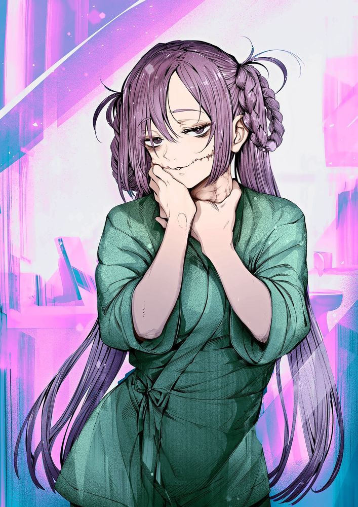 Urumi Runa from Otherside Picnic. A sly-looking girl with long purple hair and braids looped in a circle on either side of her head. There are stitched wounds extending from the edges of her mouth Joker style. She is holding her throat with one hand, and the other is poking a finger through the stitches into her mouth. She wears a green hospital gown. 