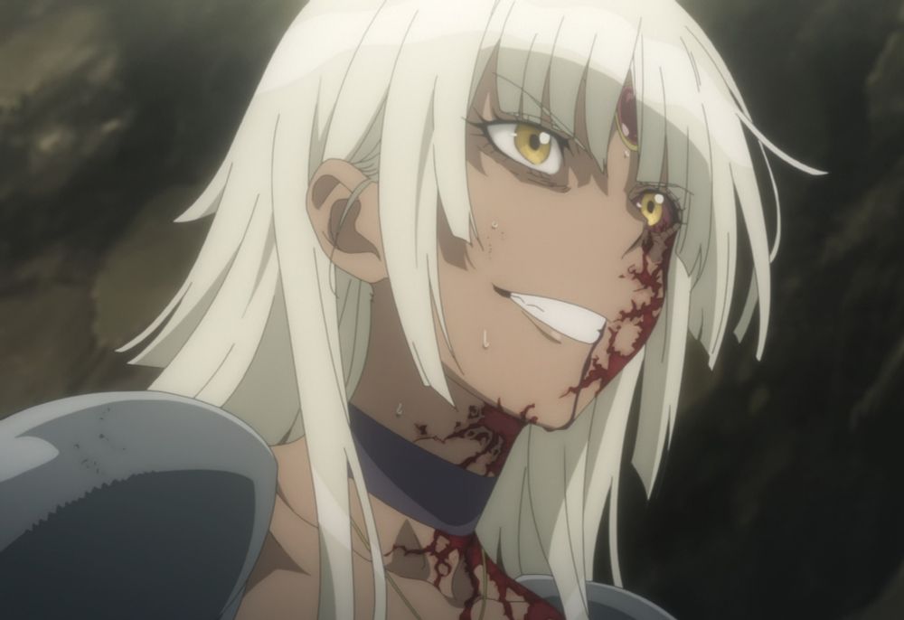 A white-haired anime girl with tan skin. The left side of her face and body is wrought with spidering red markings. The sclera of her left eye is also red.