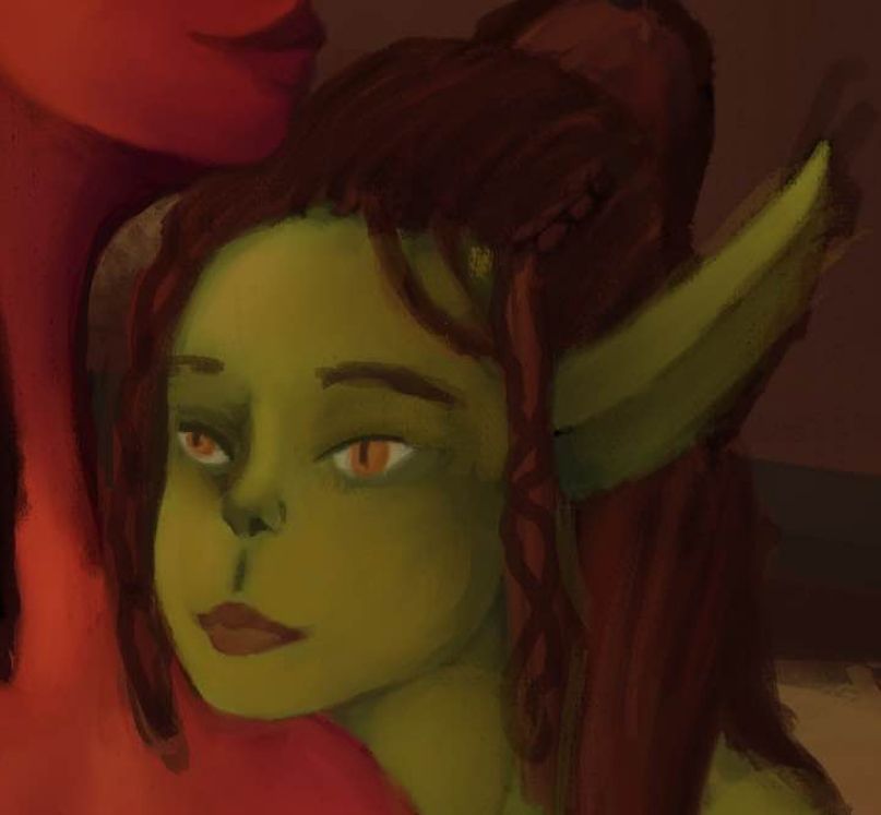 Cropped Baldur's Gate 3 in-progress fan art. Close up portrait of Lae'zel. She has no make up on and is leaning against Karlach's shoulder. Karlach is cropped out due to the unfinished nature of the drawing. Lae'zel is missing her spots. 

The shading is soft and painterly with a gentle, warm lighting. Lae'zel's expression looks wistful and tired while she leans against Karlach.