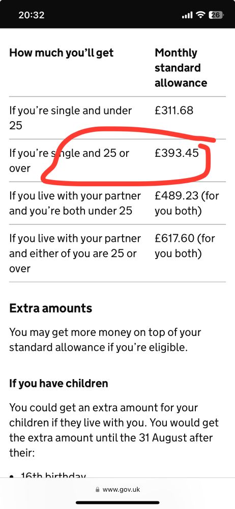 Screenshot of Gov universal credit personal allowance rates. Highlighted… single adult, 25+ at 393.45 monthly