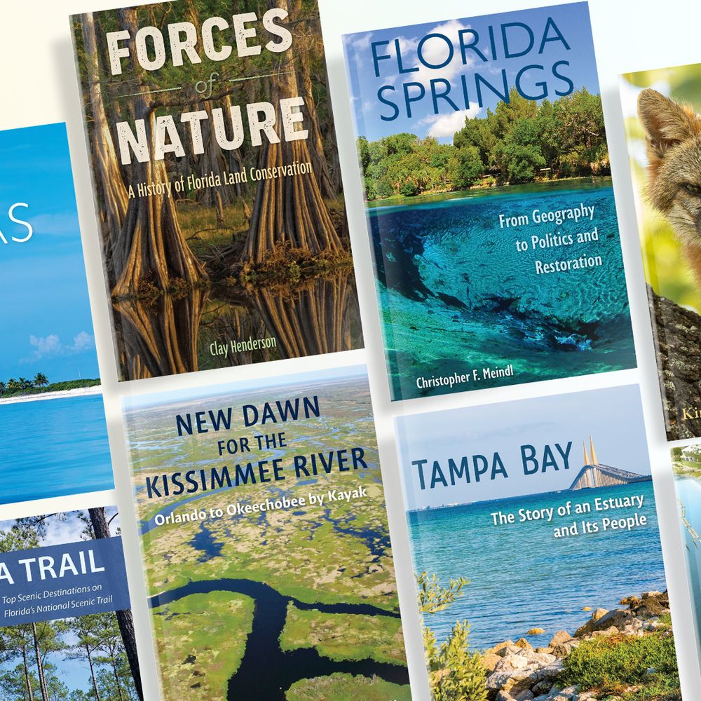 Book cover images are arranged in two slanted rows against a white background. Some of the books featured include “Forces of Nature” by Clay Henderson, “Florida Springs” by Christopher F. Meindl, “New Dawn for the Kissimmee River” by Doug Alderson, and “Tampa Bay” by Evan P. Bennett.