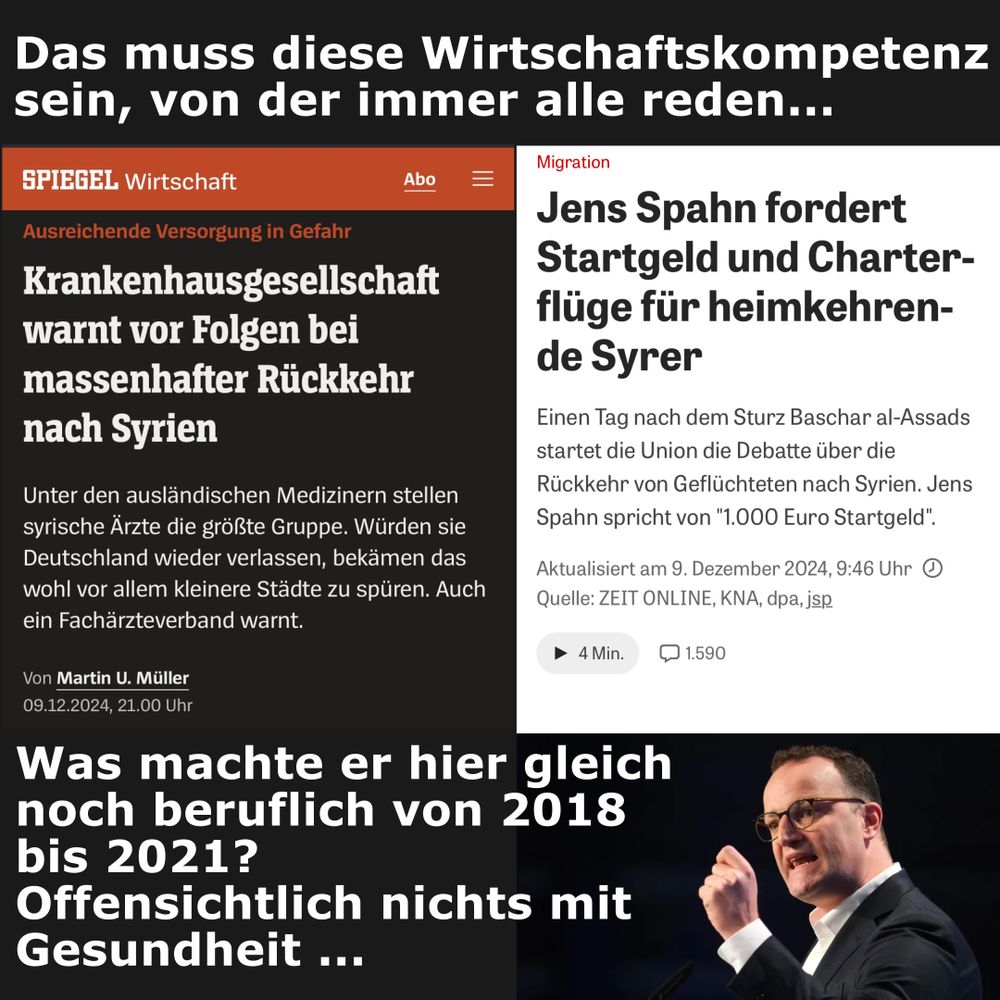 Gegenüberstellung zweier Nachrichtenartikel. Links warnt die Krankenhausgesellschaft vor den Folgen massenhafter Rückkehr nach Syrien. Links fordert der ehemalige Gesundheitsminister ein Startgeld und Charterflüge um möglichst schnell möglichst viele Syrer dazu zu bringen nach Syrien zurückzukehren.