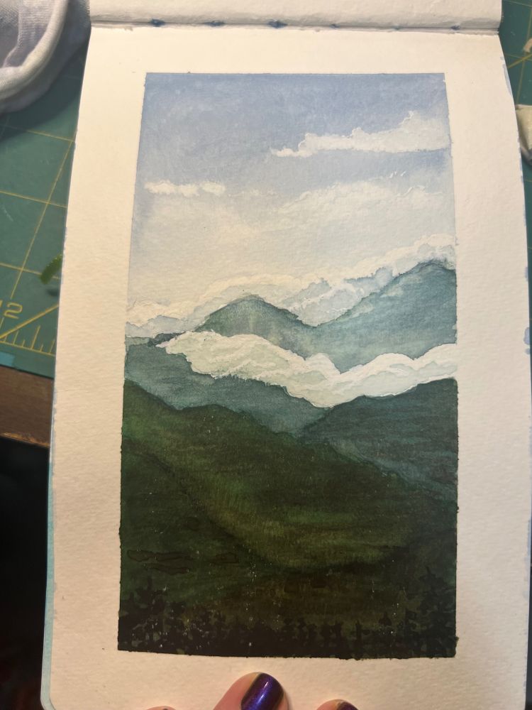 A watercolor painting of the Blue Ridge Mountains