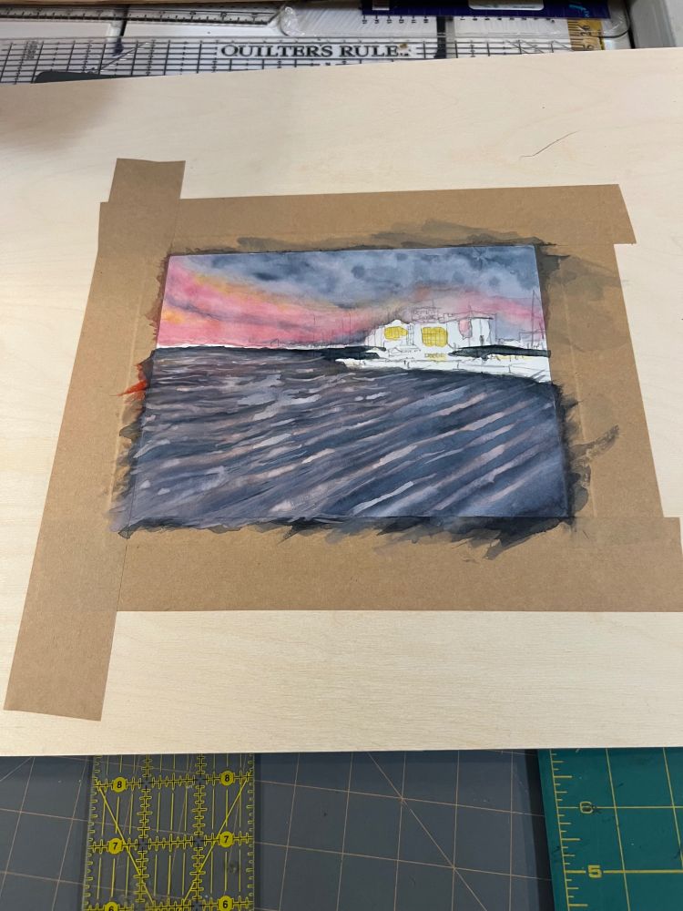 Current watercolor process. A painting of Baltimore Harbor, unfinished.