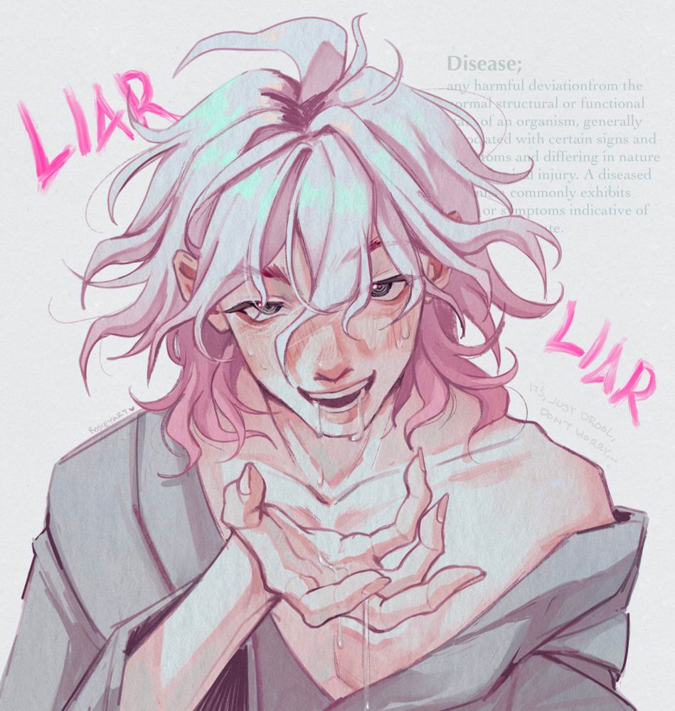 illustration of komaeda nagito sick with despair disease. he is viewed hunched over, sweating and mouth twisted in a crooked smile while his hospital robe slips off one shoulder. his hand is raised just below his chin catching droplets of his own drool in a rather deranged but slightly calm expression. behind him, the large words of LIAR, LIAR are illustrated in bright pink