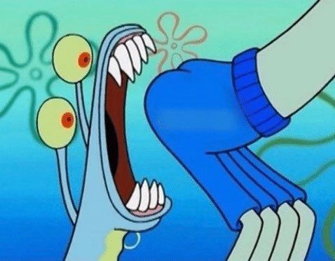 Gary the Snail with his teeth out ready to bite some dude's ass