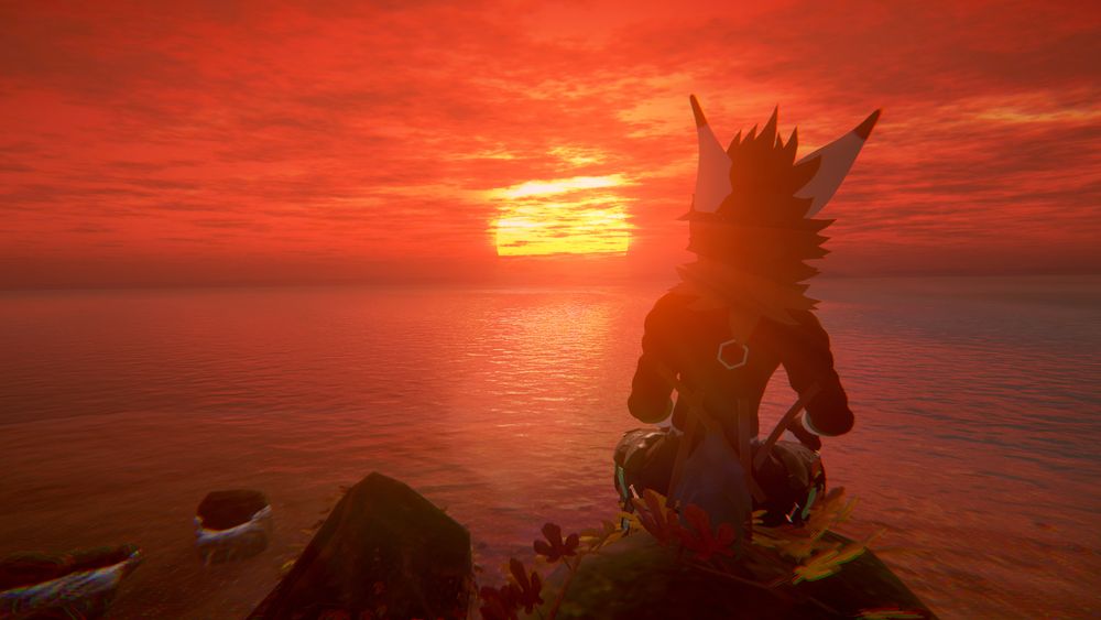 Nardo sits on a rock formation at a beach, looking off towards a sunset.