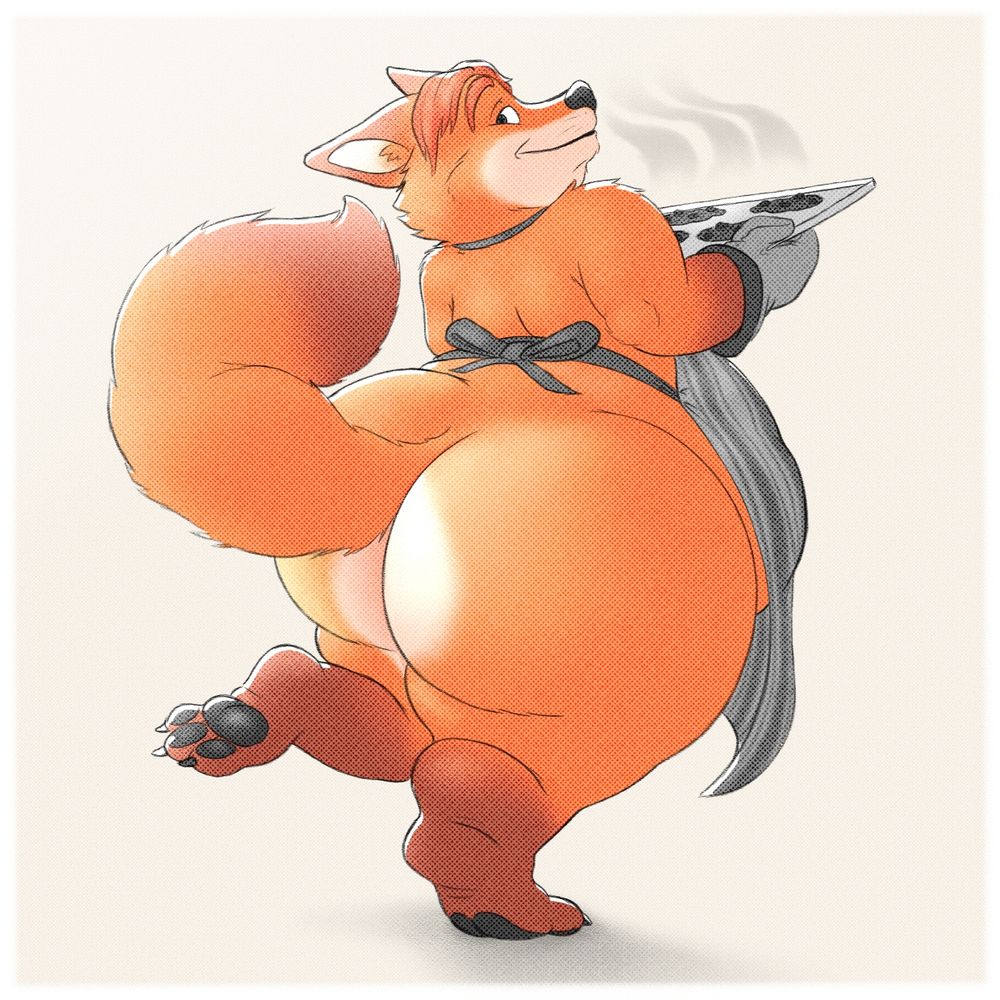 Gideon Grey (Orange fox) fat and pear-shaped is wearing only an apron turned away with his rump out with one leg up pressing his cheek up and a tray of baked cookies in his oven-gloved hands