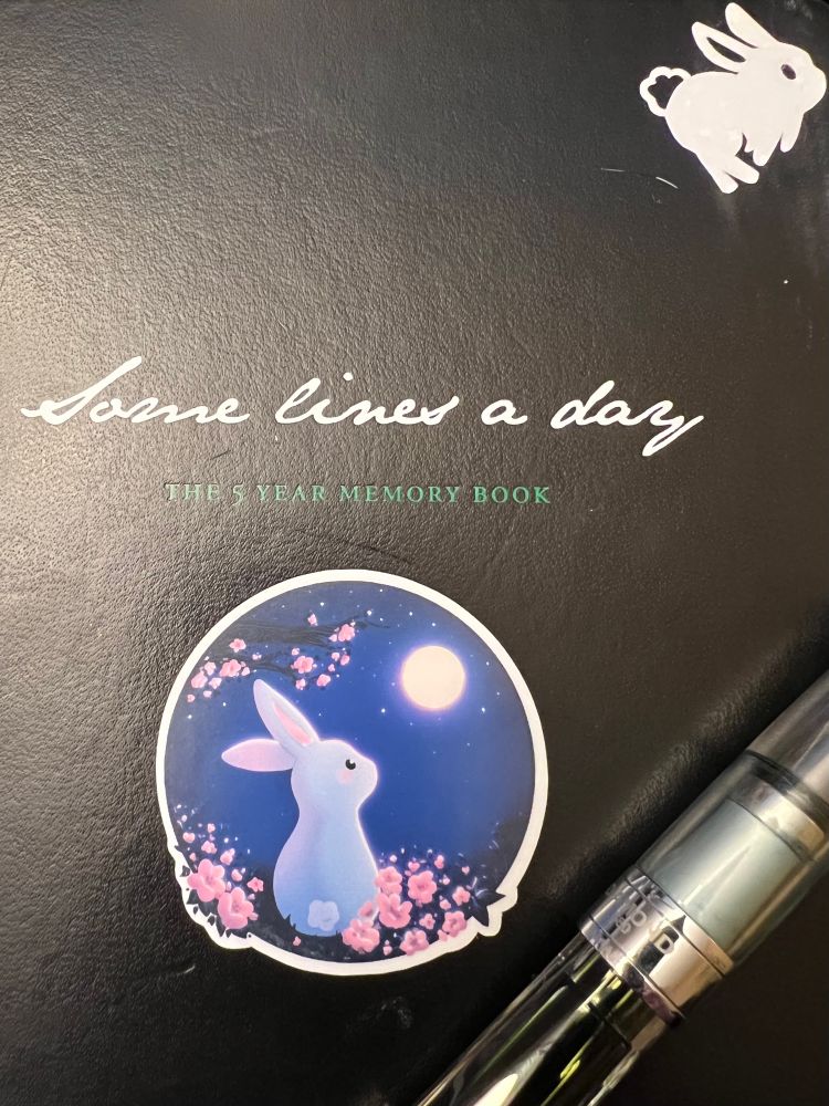 Image of the front cover of a Leuchtturm black journal. The title is centred with wording ‘Some Lines a Day’ in white script with ‘The 5 Year Memory Book’ in smaller, green upper case below. Below the titles is a sticker of a white rabbit sitting under a full moon among cherry blossoms. On the upper right corner there is a a sticker of a leaping rabbit. In the lower right hand corner, there is an aqua Twsbi Diamond 580 fountain pen.