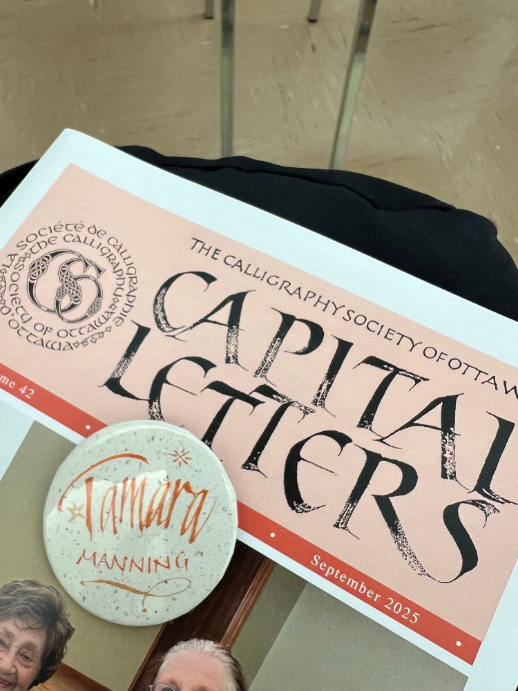 Top down photo of the latest newsletter and a button with my name in a modern brush script.