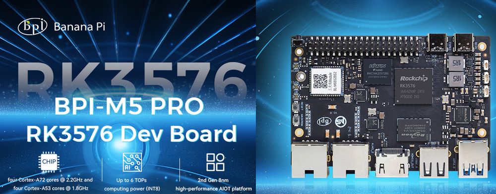 Banana Pi BPI-M5 Pro with Rockchip RK3576 AIOT chip, with a 6 TOPS computing power NPU,8/16GB 32-bit LPDDR4,32/64/128GB eMMC
https://docs.banana-pi.org/en/BPI-M5/BananaPi_BPI-M5_Pro
#SBC #bananapi #raspberrypi #android #Linux #AIoT #AI 