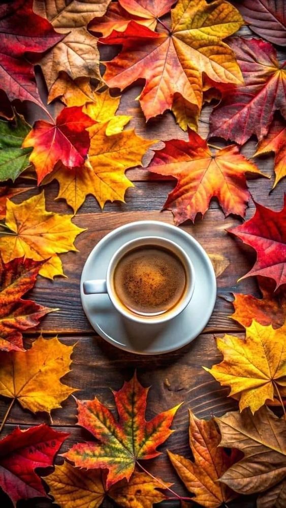 Kaffeetasse auf einem Tisch mit Herbstlaub 