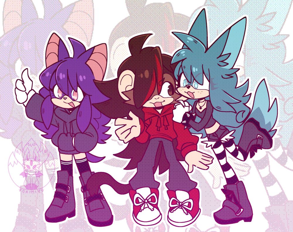My friend, my bf, and me as sonic characters! Bat, monkey, and fennec fox in that order :3