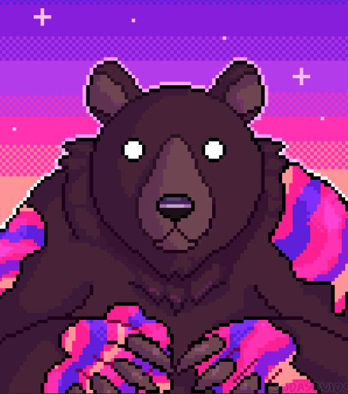 Pixel art of Mr Grizz from Splatoon 3's story mode. He is a grown grizzly bear with white eyes and is covered in fuzzy multicolour goo. The background is a starry sunset sky with shades of purple, pink and orange.