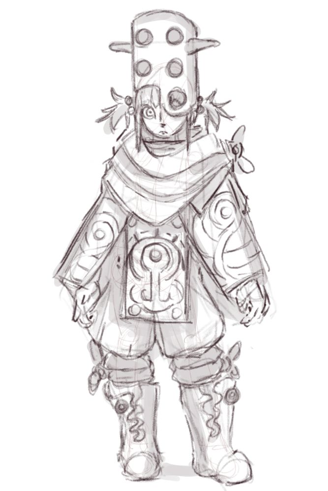 Sultzi, a Delver.
She wears a patterned cloak, a big scarf, a totem-pole like crown, and boots that look like little monsters munching on her feet.
