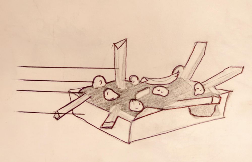 Hand drawn image of a poutine in a shallow rectangular container. There are four horizontal lines drawn on the left hand side indicating layers of the poutine: fries, cheese curds, gravy, container.