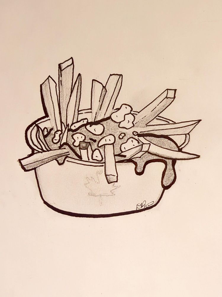 Hand drawn image of a poutine served in a round cup.