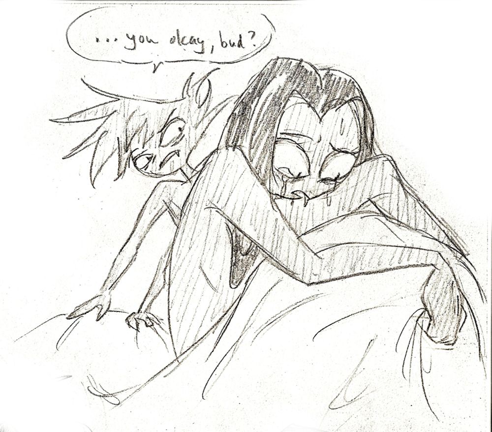 Part two. We see Pentious tearfully sitting up and trying to process the nightmare. Arackniss sits up behind him and his speech bubble says, "...you okay, bud?"