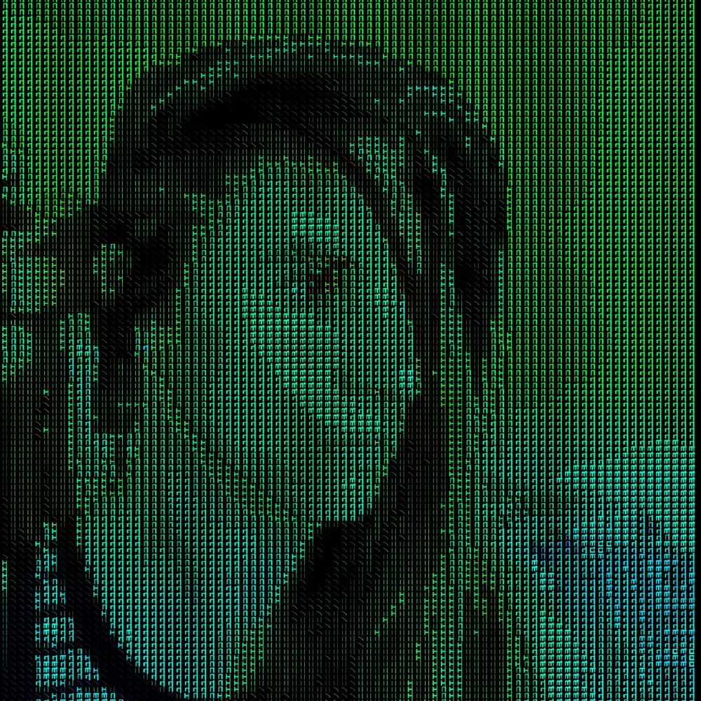 just a transexual girl with brown hair and brown eyes with
what appears to be a filter of katakana characters. 
she's looking off to the right at something. 