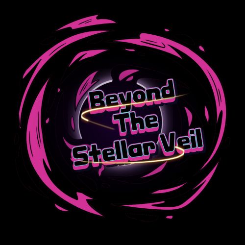 A title logo for "Beyond the Stellar Veil," a Dungeons and Dragons actual play on twitch. The logo features the title in bold over a stylized ball of "dark energy" emanating bands of purple energy.